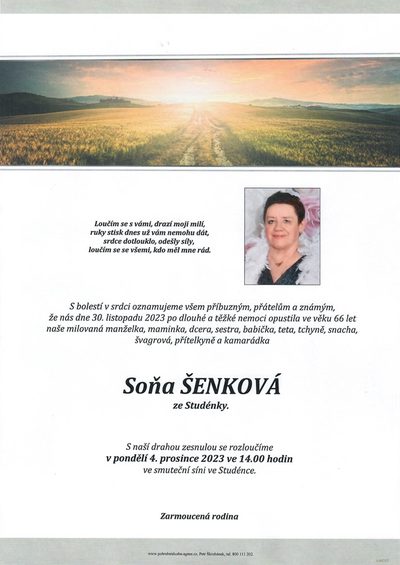Smuteční oznámení – Soňa Šenková