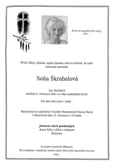 Smuteční oznámení – Soňa Škrabalová