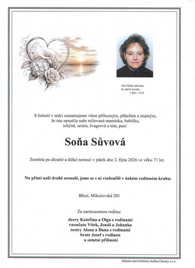 Smuteční oznámení – Soňa Sův