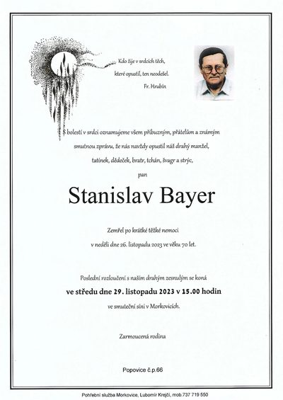 Smuteční oznámení – Stanislav Bayer