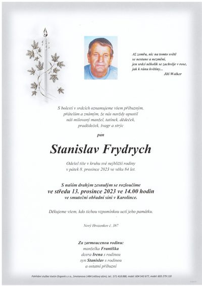 Smuteční oznámení – Stanislav Frydrych