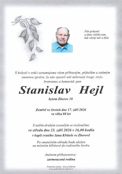 Smuteční oznámení – Stanislav Hejl