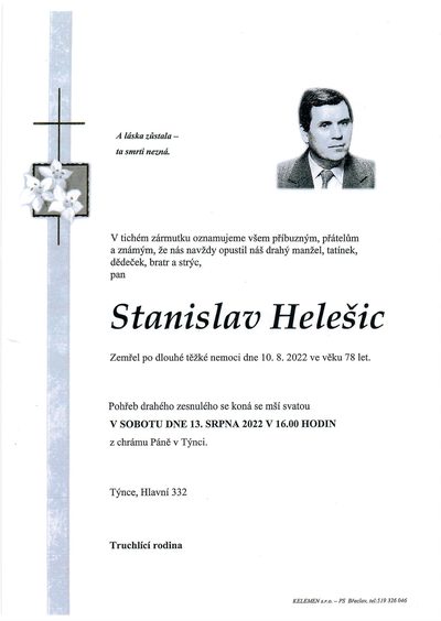 Smuteční oznámení – Stanislav Helešic