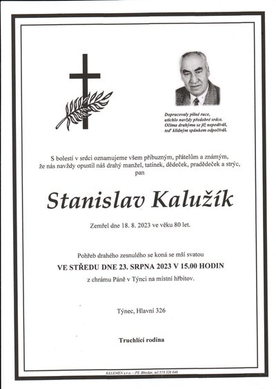 Smuteční oznámení – Stanislav Kalužík