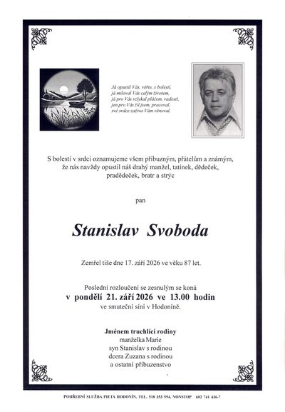 Smuteční oznámení – Stanislav Svoboda