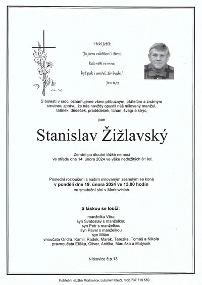 Smuteční oznámení – Stanislav Žižlavský