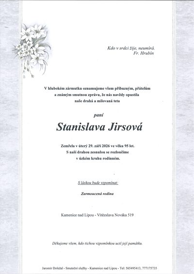 Smuteční oznámení – Stanislava Jirsová
