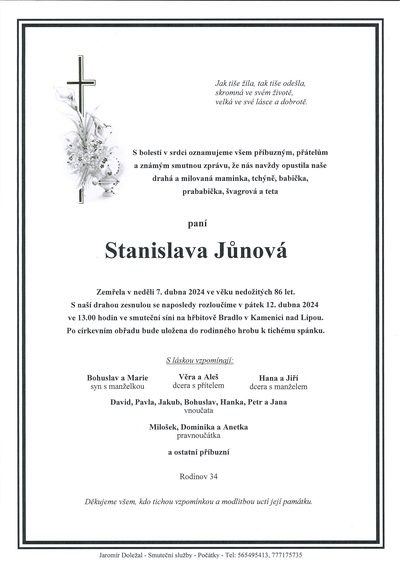 Smuteční oznámení – Stanislava Jůnová