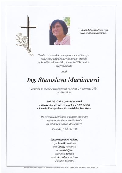 Smuteční oznámení – Ing. Stanislava Martincová