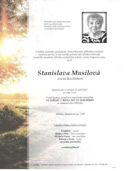 Smuteční oznámení – Stanislava Musilová