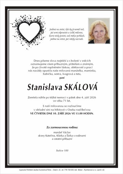 Smuteční oznámení – Stanislava Skálová