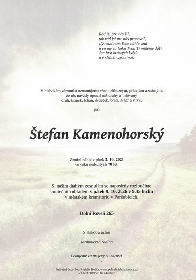 Smuteční oznámení – Štefan Kamenohorský