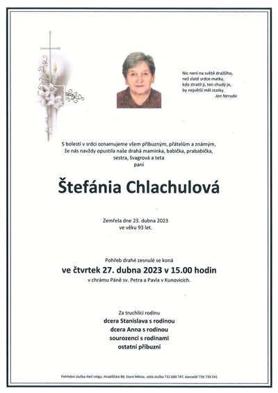 Smuteční oznámení – Štefánia Chlachulová