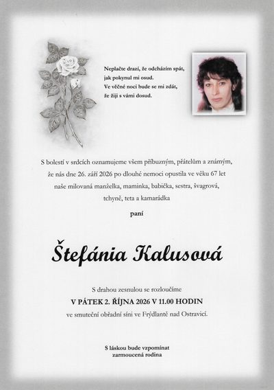 Smuteční oznámení – Štefánia Kalusová
