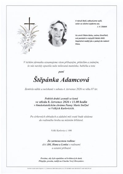 Smuteční oznámení – Štěpánka Adamcová