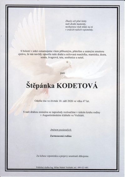 Smuteční oznámení – Štěpánka Kodetová