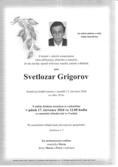 Smuteční oznámení – Svetlozar Grigorov