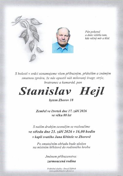 Smuteční oznámení – Szanislav Hejl
