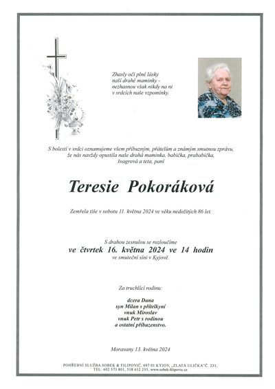 Smuteční oznámení – Teresie Pokoráková