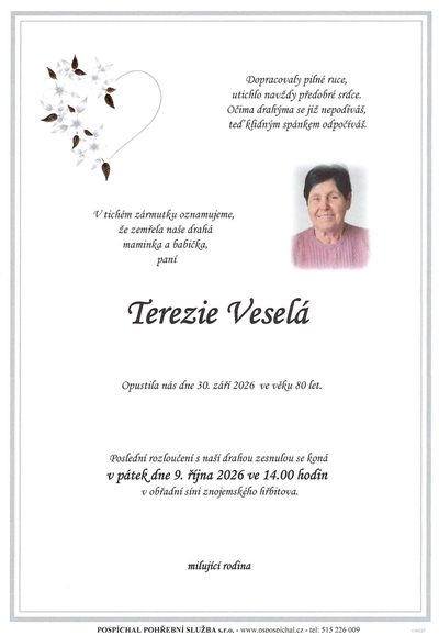 Smuteční oznámení – Terezie Veselá