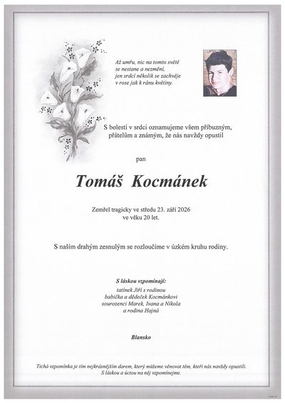 Smuteční oznámení – Tomáš Kocmánek