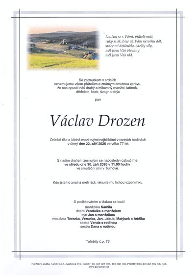 Smuteční oznámení – Václav Drozen