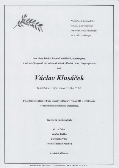 Smuteční oznámení – Václav Klusáček