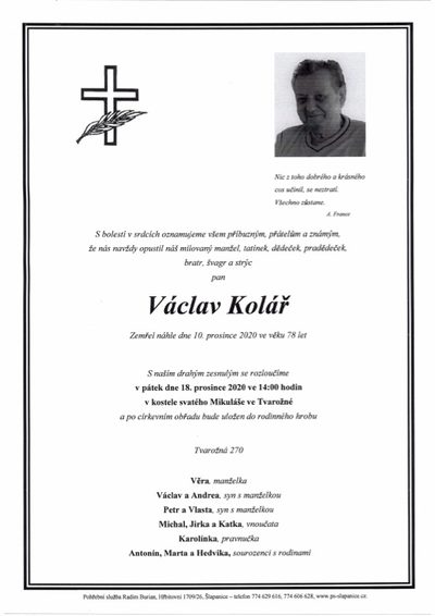 Smuteční oznámení – Václav Kolář