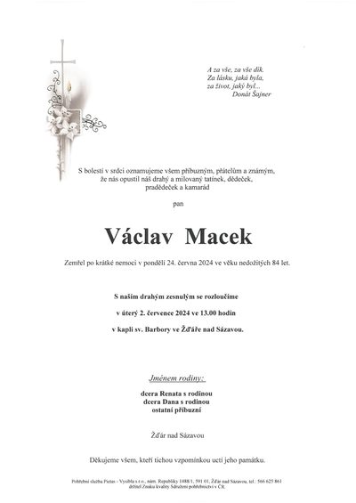 Smuteční oznámení – Václav Macek