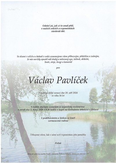 Smuteční oznámení – Václav Pavlíček
