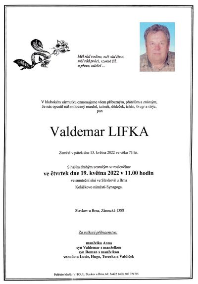 Smuteční oznámení – Valdemar Lifka