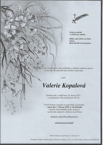 Smuteční oznámení – Valerie Kopalová