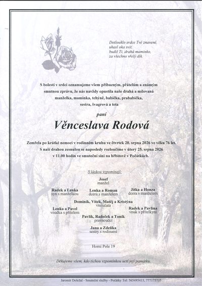 Smuteční oznámení – Věnceslava Rodová