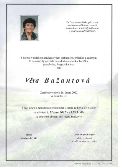 Smuteční oznámení – Věra Bažantová