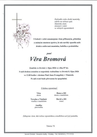 Smuteční oznámení – Věra Bromová