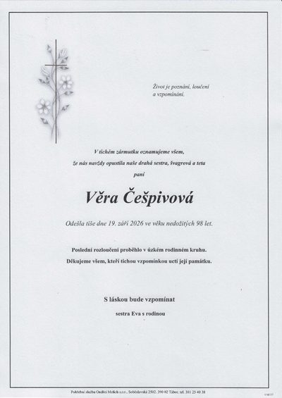 Smuteční oznámení – Věra Češpivová