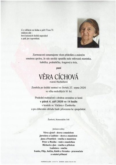 Smuteční oznámení – Věra Cíchová