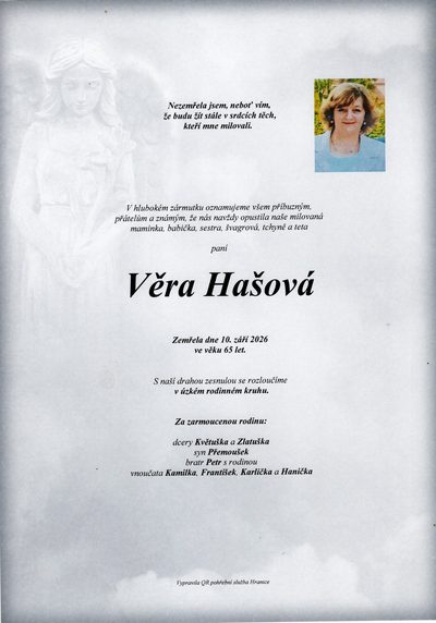 Smuteční oznámení – Věra Hašová