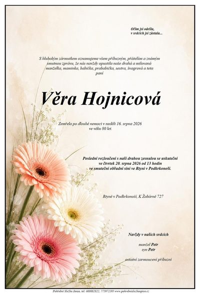 Smuteční oznámení – Věra Hojnicová
