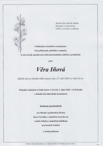 Smuteční oznámení – Věra Iňová