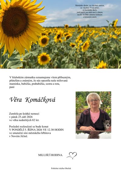 Smuteční oznámení – Věra Komáčková