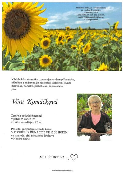 Smuteční oznámení – Věra Komáčková kOMACKOVA