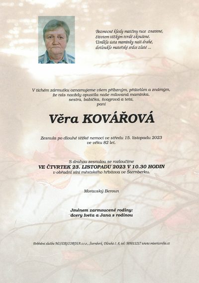 Smuteční oznámení – Věra Kovářová