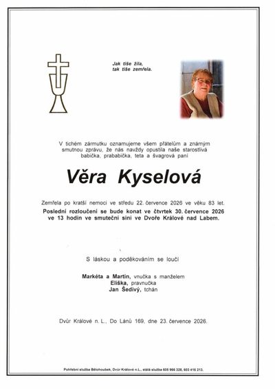 Smuteční oznámení – Věra Kyselová