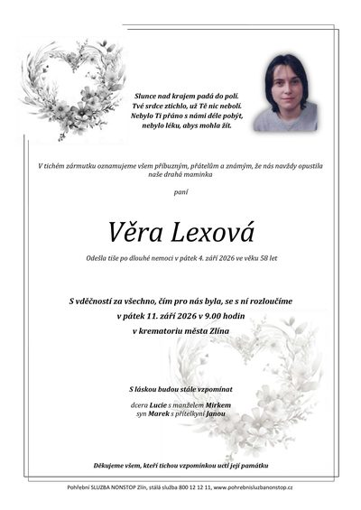 Smuteční oznámení – Věra Lexová