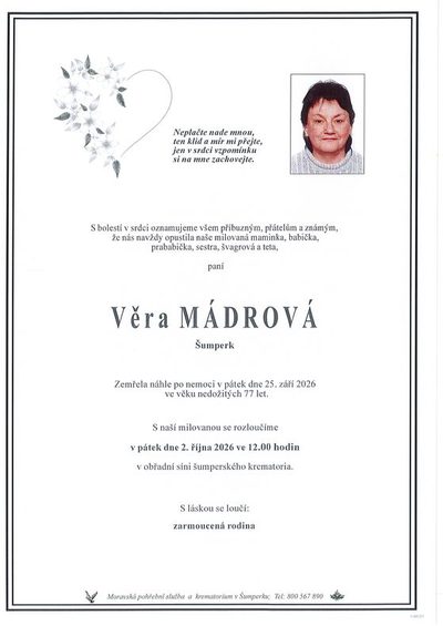 Smuteční oznámení – Věra Mádrová