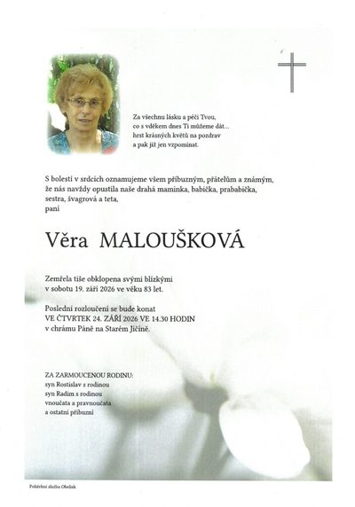 Smuteční oznámení – Věra Malouskova