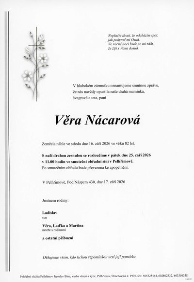 Smuteční oznámení – Věra Nácarová
