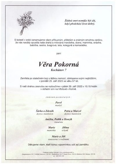 Smuteční oznámení – Věra Pokorná