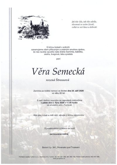 Smuteční oznámení – Věra Semecká